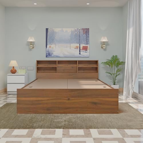 Image of VIKI Utility King Size Bed with Storage (70x80) | Engineered Wood Bed Frame for Bedroom | Modern Box Storage Cot | Brussel Walnut Finish | Free Assembly | 1 Year Warranty