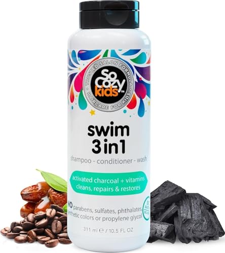 SoCozy Kids Swim 3-in-1 Shampoo, Conditioner & Body Wash - 3-in-1 Combo Pool Shampoo & Conditioner for Swimmers - Salt & Chlorine Removing Activated Charcoal