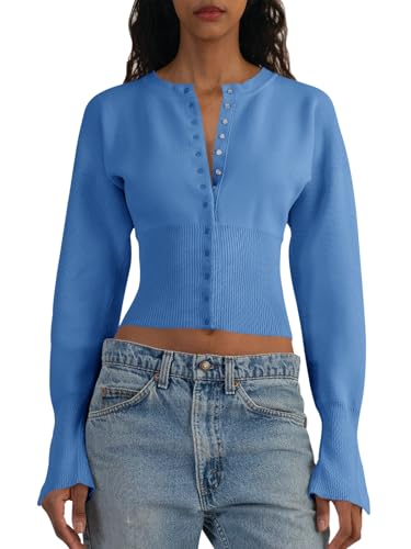 Image of Saodimallsu Womens Cropped Sweaters Cardigan | Button Down,Long Sleeve,V Neck,Ribbed Knit,Slim Fit ,Pullover Crop Tops