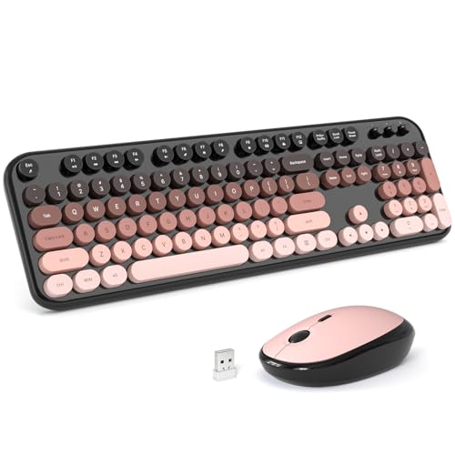 Image of Wireless Keyboard Mouse Combo - Lovely BlackBerry-Gradient Rainbow Full-Sized Typewriter Colorful Keyboards, Round Keycap Plug Play Retro Cute Keyboards for Windows, Laptop, PC, Desktop, Computer