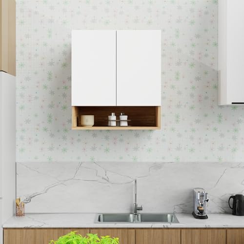 Image of 2 Door Multipurpose Wall Mounted Cabinet with Adjustable & Fixed Shelf | Storage for Kitchen, Bathroom, Office & Living Room | Assembly-DIY | Color-Asian Light & White | Size-60x33x63.8 Cm