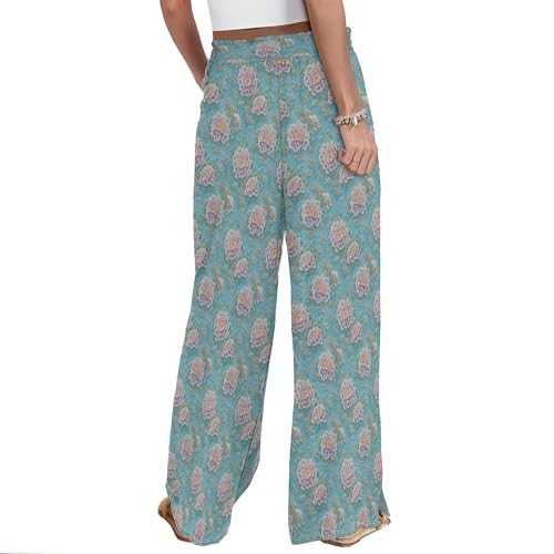 Boho Wide Leg Pants for Women 2025 Summer Smocked Waist Floral Palazzo Pants Flowy Lounge Pants Beach Trousers Pockets4