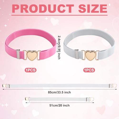 2pcs Girls Belt for Waist, Pink White Kids Elastic Waist Belts Adjustable Stretch Belts for Women Fashion Waistband with Heart Clasp for Dress Jeans Pants Decorations2