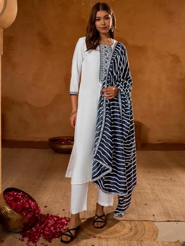 Image of Naixa Women's Viscose Embroidered Straight Kurta with Pant and Dupatta Sets (Available in Plus Size) (NX-674)