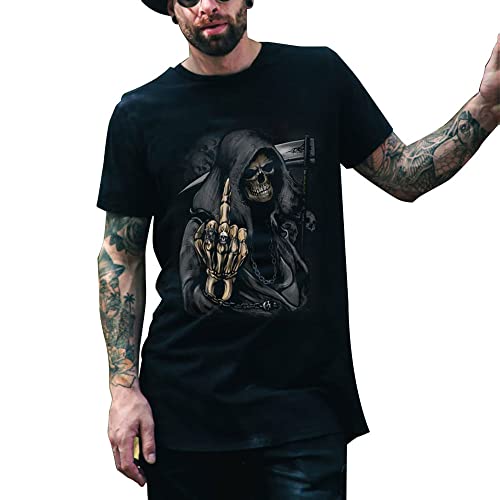 Stars and Stripes Grim Funny Reaper Middle Finger Death Biker Skull Skeleton Gothic Horror Hip-hop Unisex Adults T-Shirt(XXL Black)