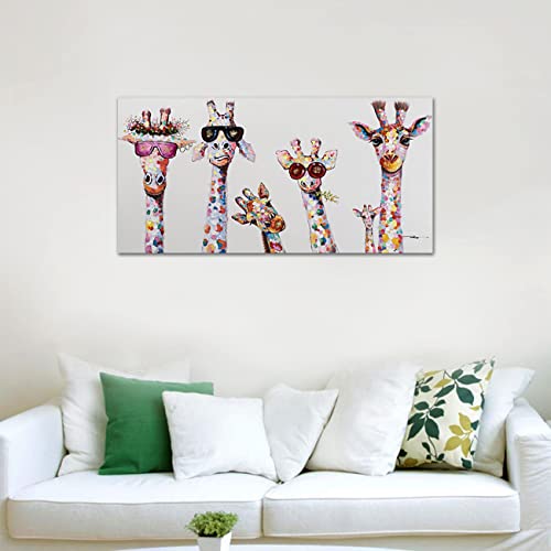 ZHONGYUTONG Graffiti Leinwand Kunstdruck mit Rahmen Giraffe Familie mit Brille Wanddekoration Buntes Tier Bild Poster Lustige Gemälde für Kinderzimmer (20x40cm)