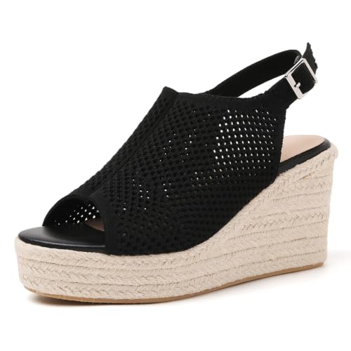 Image of Tilocow Womens Wedge Espadrilles Sandals for Summer | Peep-Toe,3.3 inch wedge heel, Casual Daily Wear,Cushioned Midsole for All-Day Comfort