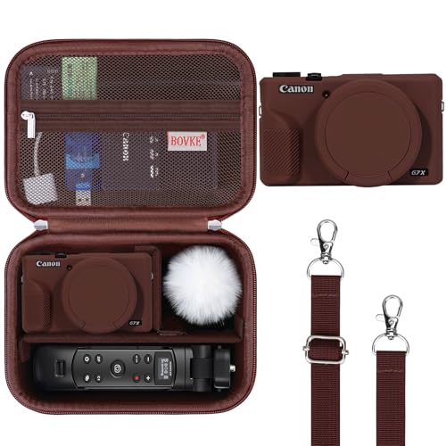 BOVKE 2-in-1 Case for Canon PowerShot G7X Mark III Hard EVA Carrying Case Shockproof Storage Bag + Silicone Cover Soft Protective Case for Canon G7X Mark III Digital Camera Shoulder Strap Brown