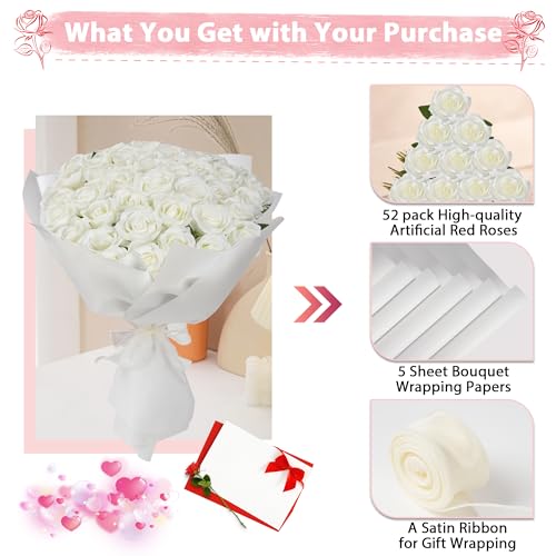 White Roses Artificial Flowers Bulk, 52Pcs Fake Roses White Flowers, DIY Silk Faux Roses Bouquet, Realistic White Faux Flowers Mohter's Day Valentine's Day Decor - Image 5