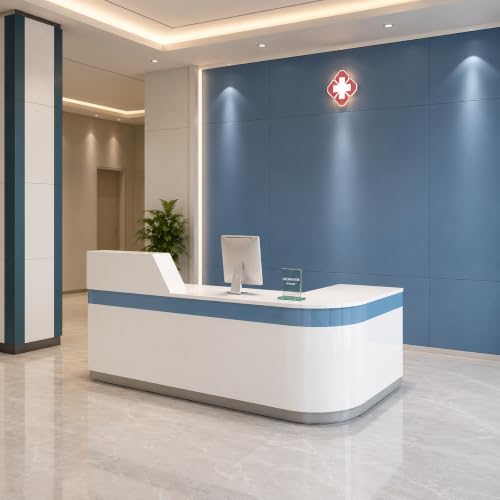 Image of Modern L Shape Reception Table for Office Executive Front Counter Desk for Hospital Clinic Consultation Billing Counter Large - (RCT-205 MDFL L8W2)