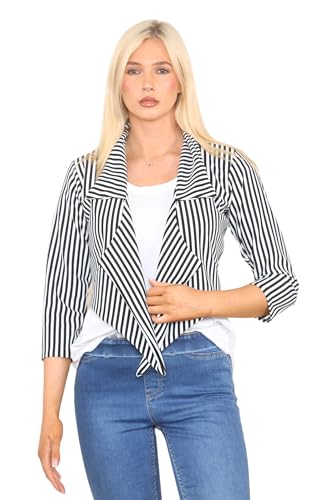 Grunge Wear® Women's 3/4 Sleeve Vertical Stripes Print Open Front Blazer Coat Top Plus Size S-3XL