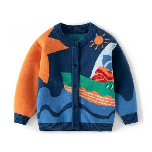 DaZhangGui Toddler Boy Girl Colorful Graphic Knit Button-Up Cardigan Sweater, Deep Blue Coat Kid Spring Fall Winter Clothes (US, Age, 3 Years, 4 Years, A-deep Blue)