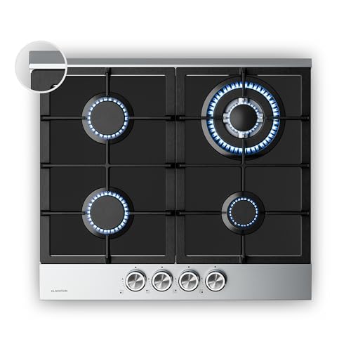 Klarstein Verosteel Plaque de Cuisson Gaz 60cm - 4 Brûleurs, 8000W, Verre & Inox, Allumage Électrique, Sécurité Anti-Flamme, GPL & Gaz Naturel, Plaque Gaz...