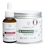 Juckreiz-Lösung | DermaPet Ergänzungsmittel für Haut Hunde und Katzen + ProbioticPet Hund 30 Cpr bei Juckreiz, Dermatitis, Verdauung | Ergänzungsmittel Juckreiz Hunde und Katzen - Longevity Pet