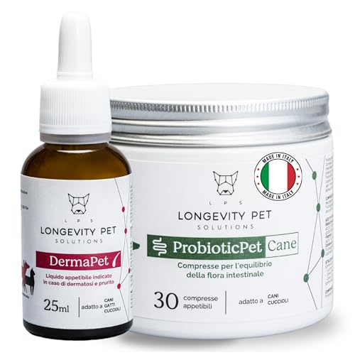 Soluzione Prurito | ProbioticPet Cane 30 Cpr per Prurito, Dermatite, Digestione + DermaPet Integratore Dermatite per Cute Cani e Gatti | Probiotici per Cani e Gatti | Azione Sinergica - Longevity Pet