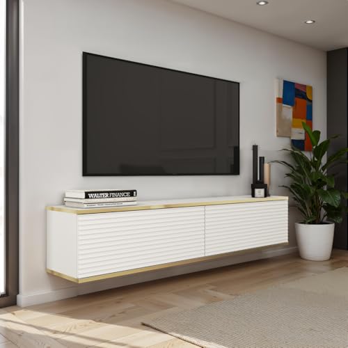 Komodee Banff TV135 MDF – Meuble TV, Blanc Mat/chêne Artisan, Largeur 135 cm, Hauteur 30 cm, Profondeur 32 cm