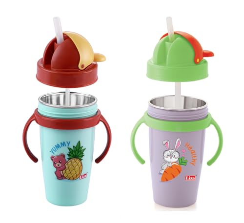 Image of Nabhya Inner Stainless Steel & Outer Plastic 360ml BPA-Free Cute Animal Design Baby Sipper Kids Water Bottle with Straw and Side Handle for Kids (Purple & Blue - 2pc)