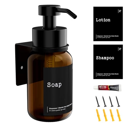 TEHEO Dispensador de jabón con soporte de pared, dispensador de jabón de cristal de 250 ml, dispensador de jabón para pegar, dispensador de jabón de pared sin taladrar, dispensador de bomba para jabón