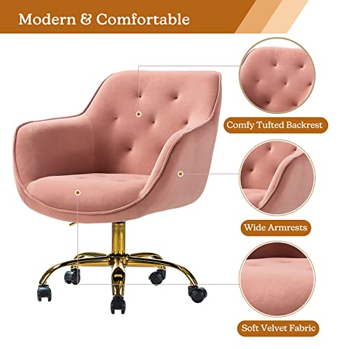 Hulala Home Velvet Office Chair With Gold Base, Modern Cute Mid-Back Desk Chair, Adjustable Swivel Task Chair For Living Room, Bedroom, Study, Vanity, Pink #TOP5