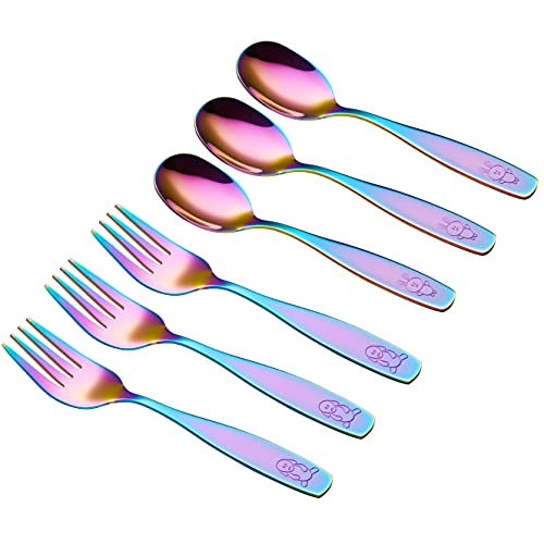 Annova Kids Silverware Children's Safe Flatware Set Stainless Steel - Children Forks, Children Tablespoons, Toddler Utensils, Metal Cutlery Set For Lunchbox (Engraved Dog Bunny) (Uv Rainbow, 6 Pieces) #TOP2