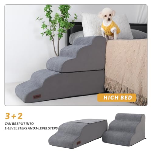 Image of Dog Stairs and Ramp for High Bed, 5-Step Dog Steps for Small Dogs and Cats,Non-Slip Pet Stairs Suitable High Bed Climbing | Aodisman Pet Stairs for Bed with High-Density Foam,Ideal for Olders,Short-Legged Dogs,Puppy and Cats Get on High Beds,Grey