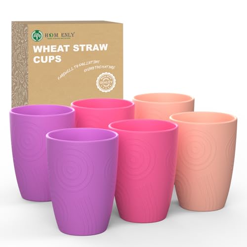 Homienly Premium Wheat Straw Cups - Set of 6 | Alternative Plastic Cups 16 OZ | Unbreakable Dishwasher Safe Tumblers with Etched Pattern | Water Cups for Kids, Milk, Drinks, Smoothies(Pink Flower)