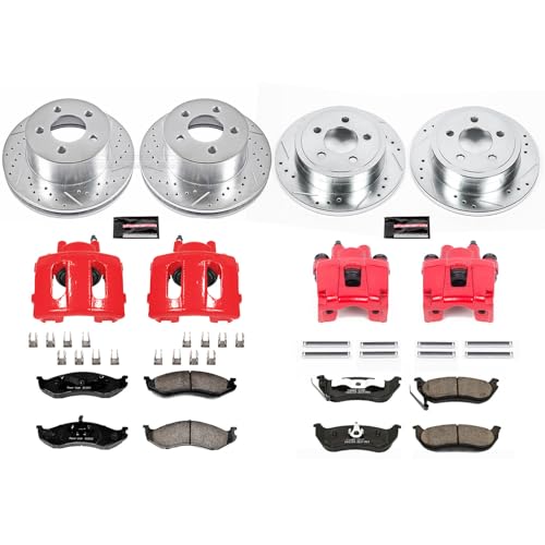 Image of PowerStop Front and Rear Brake & Caliper Kit for Jeep Wrangler 2003-06 - Carbon-Fiber Ceramic Brake Pads + Drilled & Slotted Rotors + Red Powder Coated Calipers, KC2154