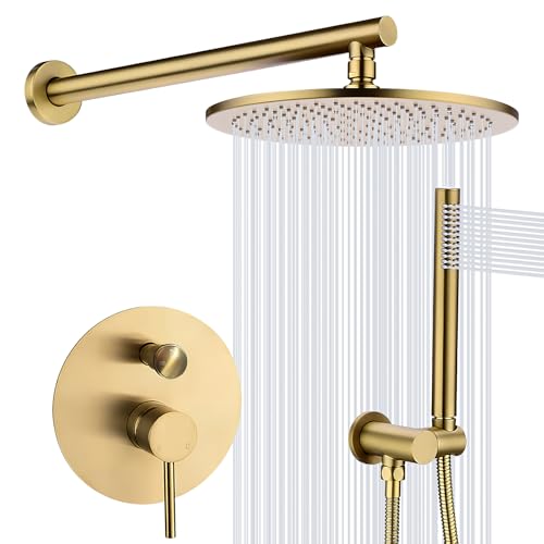 TRUSTMI 12-Inch Brushed Gold Shower System, Brass Wall Mounted Rainfall Shower Set (Contain Concealed Pressure Balance Rough-in Valve Body and Trim)