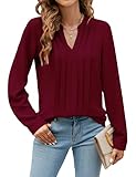 Blooming Jelly Women's Dressy Casual Blouses Business Work Chiffon Tops Trendy Long Sleeve V Neck Pleated Shirts 2026 Fall Outfits (Wine Red,Large)