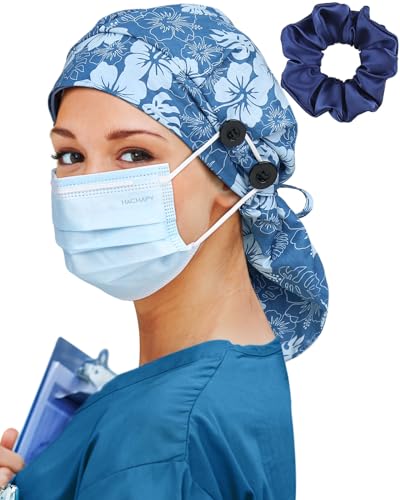Image of Satin Lined Scrub Cap for Women Extra Large Long Hair Surgical Nurse Cap 4 Buttons