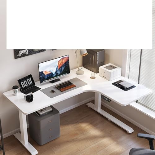 Emidor 電動スタンディングデスク、パソコンデスク、L字型、高さ調節可能、(電源コンセント付き)、モニタースタンド付きコーナーゲーミングテーブル、アンティークホワイト(デュアルモーター、1.6 x 1.1 m) (右です,G)