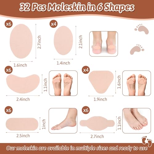 Image of Shynek 32 Sheets Moleskin for Blisters, 6 Shapes Moleskin for feet, Variety Pack Moleskin | Moleskin Padding, Adhesive Moleskin for Shoes, Moleskin for Toes, Reduce Friction Painfor Walking, Running & Sports -Beige
