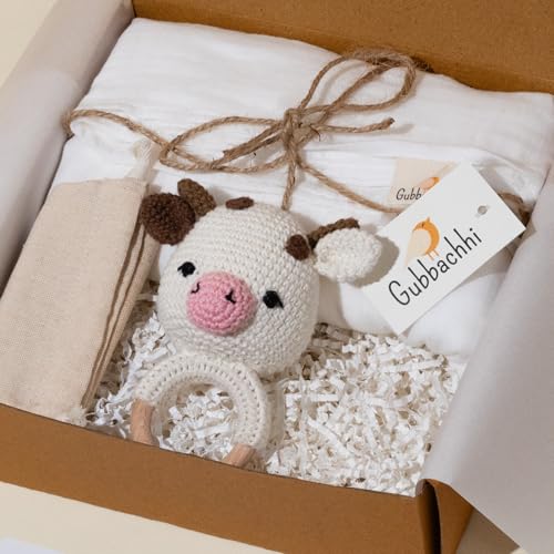 Image of Newborn Gift Set | Crochet Rattle & Muslin Swaddle Combo | Newborn Gift idea | Gifting for Infants /Babies | 100% Muslin swaddlecloth | Toy for Gifting| 3 Months + (AMBA Rattle with Swaddle)