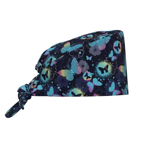 Kuilepa Blue Butterfly Print Working Caps With Sweatband Adjustable Working Hats Elastic Scrub Hats Nurse Scrub Cap