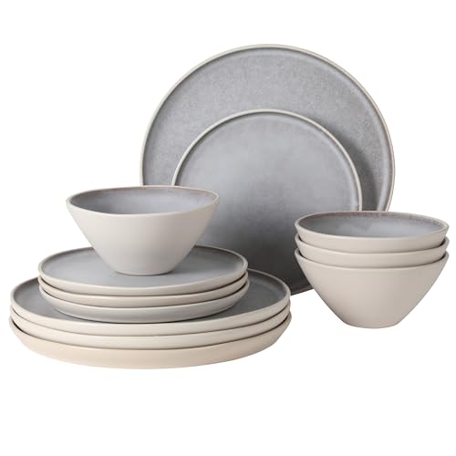 Image of Gibson Elite Coastal Forest Plates and Bowls Sets, 12-Piece Stoneware Dinnerware Sets, Triple Reactive Glaze Dish Set - Light Grey and Cream White
