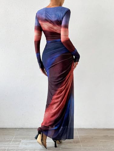 Image of LIGHT DOT Women's Printed Bodycon Maxi Dress Long Sleeve Tie Dye Mesh Ruched Cocktail Dress