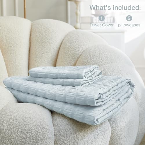 Image of JELLYMONI Seersucker Duvet Cover Set King, 3pcs Baby Blue Polyester | In Spacious Master, Couples & Pets, Crinkled Texture, Oeko-Tex Certified, 8 Corner Ties & Hidden Zipper