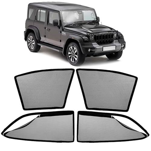Image of AutoStory Magnetic Car Sunshade for Thar Roxx | Front Half Cut for Mirror Visibility + Rear Full Coverage with Zipper | Heavy Heat & UV Protection | Privacy Side Window Curtains Shades