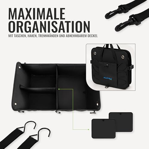 Nafra Home Kofferraumtasche Auto – Aufbewahrungsbox Groß 65L Mit Deckel Und Rutschfester Basis, Feste Struktur – Kofferraum Tasche Schwarz Oxford Gewebe 600D 57x37x32cm