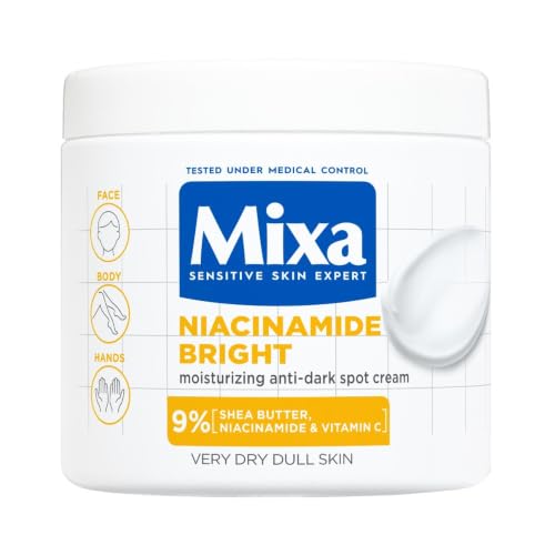 Mixa Crema Idratante Anti-Macchie, Per Pelle Secca e Spenta, Pelle Idratata per 48H, Incarnato Luminoso e Uniforme, Con il 9% di Niacinamide, Vitamina C e Burro di Karité, Niacinamide Bright, 400 ml