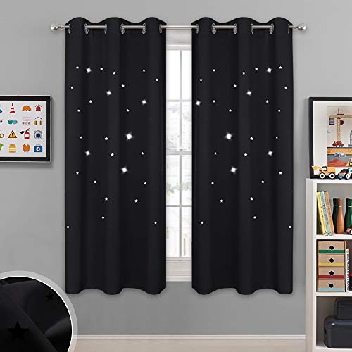 NICETOWN Magic Starry Window Drapes - Laser Cutting Stars Nap Time Blackout Window Curtains for Children's Room, Nursery, Themed Home, Halloween, Space-Lovers Decor (W42 x L63 inches, 2 Pack, Black)