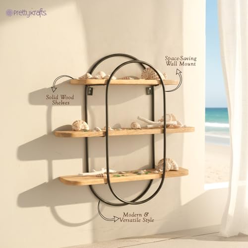 Image of PrettyKrafts 3-Tier Wood and Metal Storage Basket | Shelf Organizer | Multipurpose Storage Basket | Rustic Wooden Wall Storage Rack for Living Room, Bedroom & Kitchen | (55x58x13 cm)
