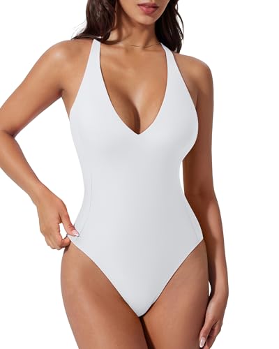 SUUKSESS Women Sexy Low Back One Piece Swimsuit Slimming Tummy Control Bathing Suit V Neck High Cut Swimwear (White M)