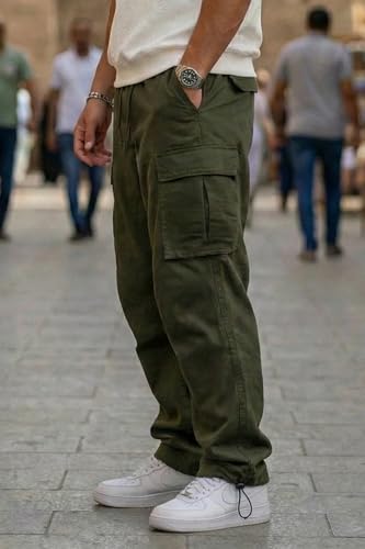 Image of Veirdo Men's Baggy Cargo Oversized Pants with Utility Pockets, Relaxed Loose Fit Street Style Trousers, All-Day Comfort, Perfect Casual Wear, Travel, (Size S to 2XL)
