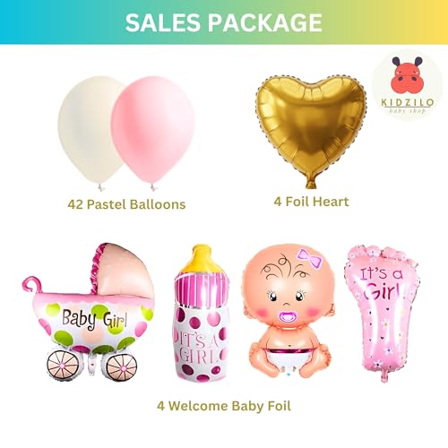 Image of 57 Pcs Welcome Baby Girl Decoration Kit | Balloons, Banner, Curtains, Foils, Stars, Hearts, Ribbon & Confetti for Baby Shower & Newborn Celebration Set 03
