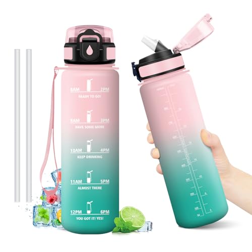 Borraccia 1L, Borraccie con Cannuccia, Borraccia Palestra con Indicatore del Tempo, Bottiglia Acqua Riutilizzabile, senza BPA, A Prova di Perdite, Bottiglia Sport per Campeggio, Studenti, Ufficio