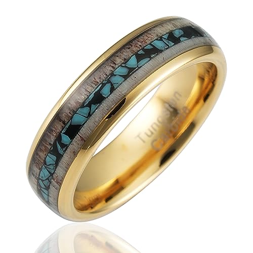 100S JEWELRY 6mm Gold Tungsten Wedding Rings for Men Women Unique Turquoise & Antler Inlay Durable Engagement, Promise, and Wedding Band - Available in Sizes 6-13