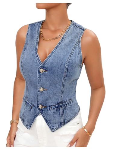 トップス GOA gimmick vest y2k 00s MakeMeChic Women's Jean Vest Top Y2k V Neck Sleeveless Denim Top