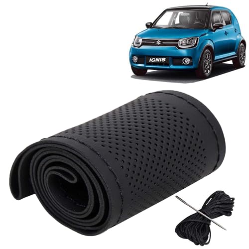 Image of KINGSWAY PU Leatherite Car Steering Cover Sewable Compatible with Maruti Suzuki Ignis (Year 2016 Onwards), Black Color with Black Thread, Pack of 1 with Sewing Needle and Thread