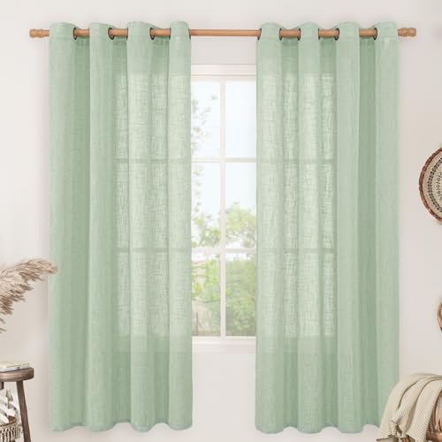 Image of LAMIT Fresh Green Linen Curtains 72 Inch Length for Living Room, Soft Thick Linen Textured Window Drapes Semi Sheer Light Filtering Bronze Grommet Panels Rustic Country Decor, 2 Panels, 52 x 72 Inch